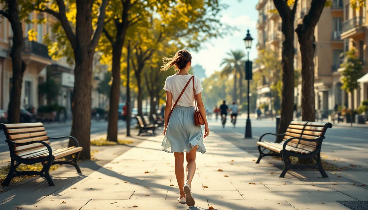 Žena hoda alejom između klupa i stabala