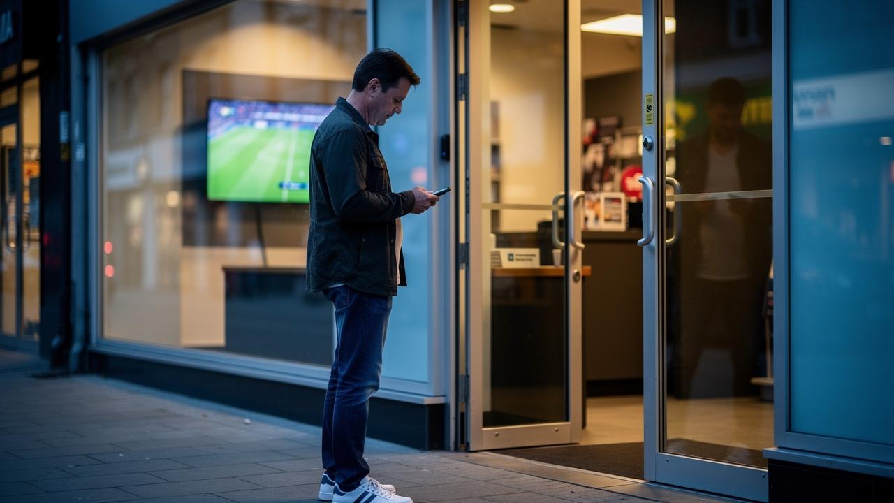 Muškarac stoji ispred izloga i gleda u mobilni telefon